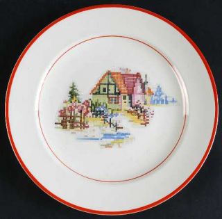 Crooksville Petit Point House (Red Trim, Red Verge) Luncheon Plate, Fine China D